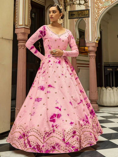 Lavish Pink Shibori Print Sequins Embroidered Cotton Anarkali Gown